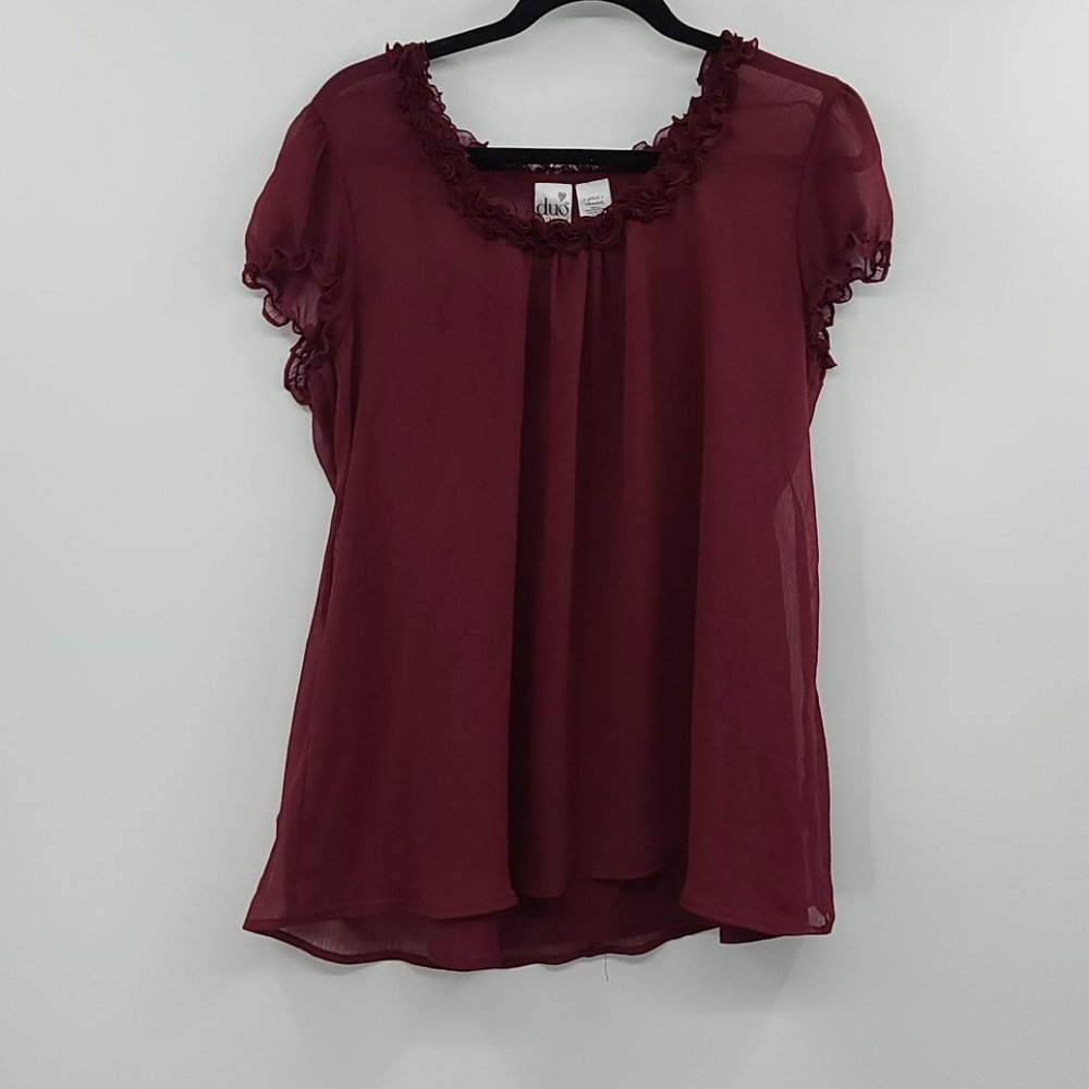 Duo maternity maroon sheer short sleeve blouse